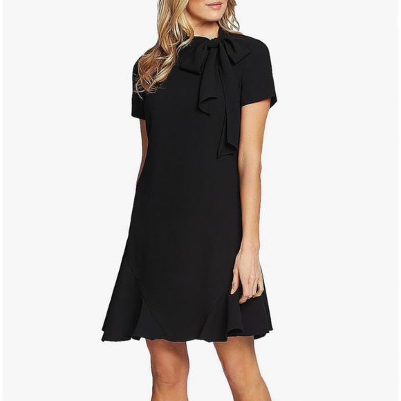 CECE Ruffled Bow Neck Mini Dress 10 Black Short Sleeve Fit & Flare NWT - Picture 1 of 13